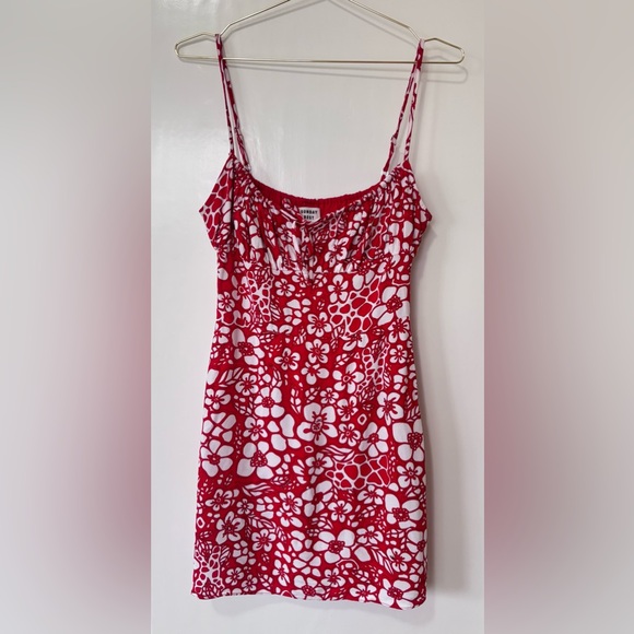Sunday Best| Red & White Floral Gathered Bodice Spaghetti Strap Mini Dress Sz 2 - Picture 2 of 8